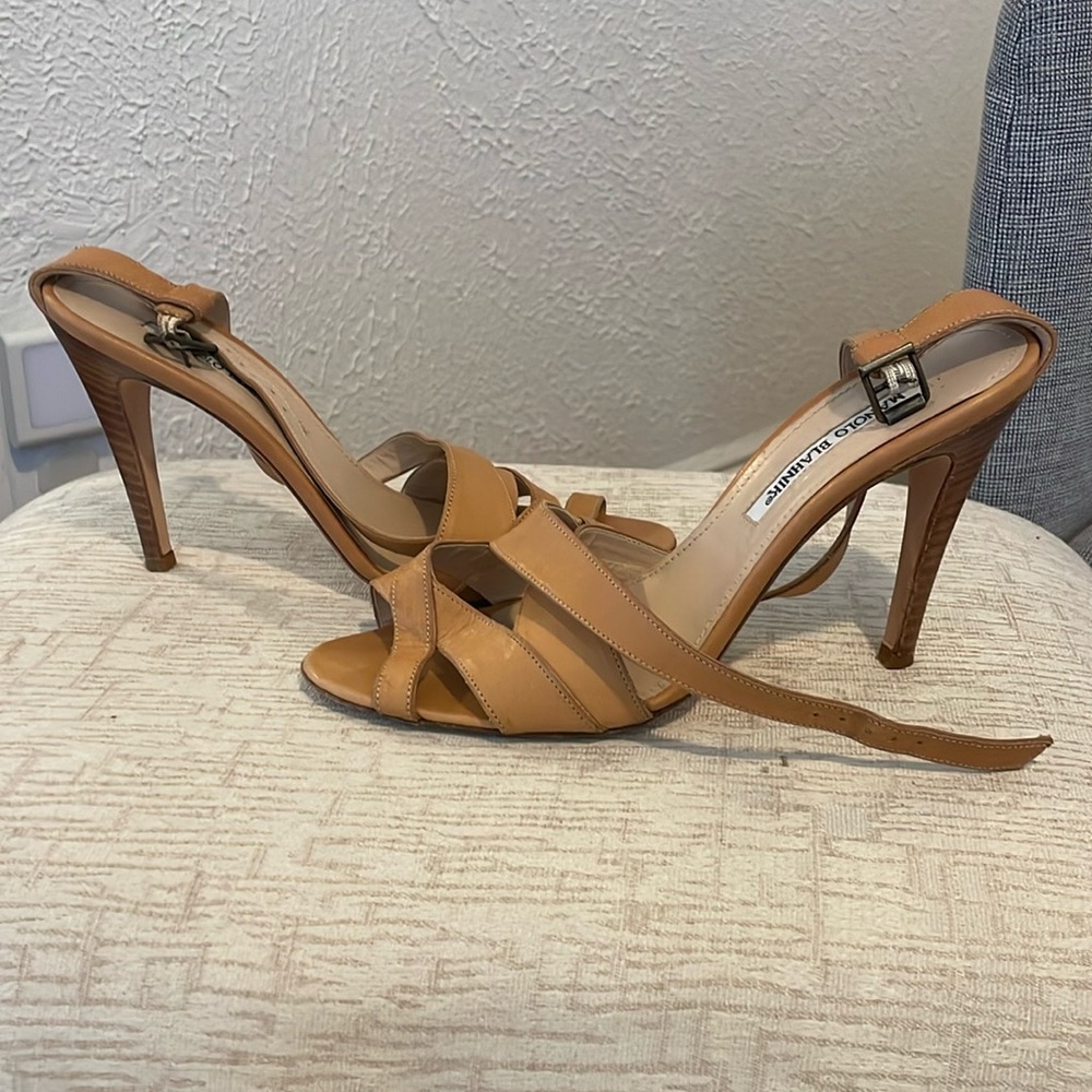 Tan Leather Strappy Manolo Blahnik Heels w/ Wooden Heel